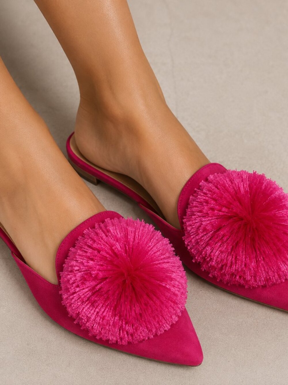 Aquazzura Fuchsia Pink Pointed Toe Pom Pom Mule Slide Luxury Designer Shoes 36.5